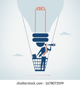 Big Idea. Businessman flying in a hot air balloon represents successful invention. Vector illustration