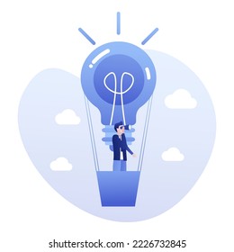 Gran idea. Un empresario que vuela en globo aerostático forma una idea de una lámpara con un telescopio en busca del éxito. Ilustración vectorial plana EPS 10