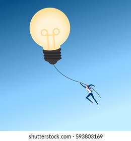 Big idea. Businessman flying lamp idea balloon. Business advantage concept of success, opportunities, future business trends. Cartoon Vector Illustration.