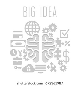 Big idea concept with brain on white background. Vector illustration