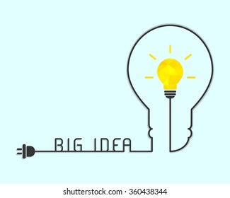 Big idea concept with bright lightbulb and wire making a lightbulb shape. Vector illustration.