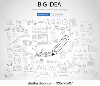 Big Idea concept with Doodle design style :Finding Solutions, UI design,creative thinking. Modern style illustration for web banners, brochure and flyers.