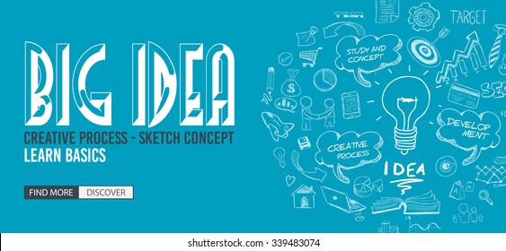 Big Idea concept with Doodle design style :Finding Solutions, UI design,creative thinking. Modern style illustration for web banners, brochure and flyers.