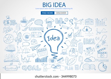 Big Idea Concept With Doodle Design Style :teaching Solution, Studies, Creative Ideas. Modern Style Illustration For Web Banners, Brochure And Flyers.