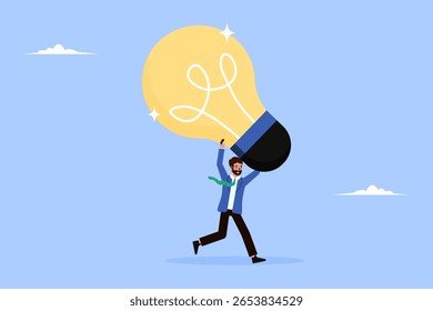 Big idea concept: Excited man carries lightbulb, running to innovate. Represents creativity, new product discovery and solution finding.