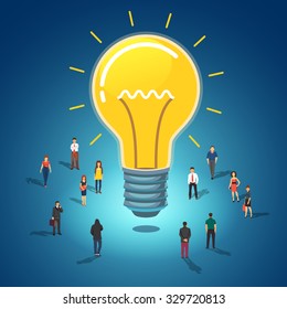 Big idea concept. Huge glowing lightbulb surrounded by group of people. Flat style vector illustration with dark background.