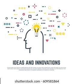 Big idea concept. Human head with lightbulb and abstract thoughts in geometric colored shapes. Old light bulb form. Line style vector. Imagination and innovation, creativity and thinking