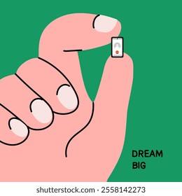 Big idea concept illustration. Giant hands with tiny phone. Communication, mailing, chatting, social media addiction concept. Hand drawn trendy Vector illustration in cartoon style.