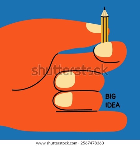 Big idea concept illustration. Giant hands with tiny pencil. Communication, mailing, chatting, social media addiction concept. Hand drawn trendy Vector illustration in cartoon style.