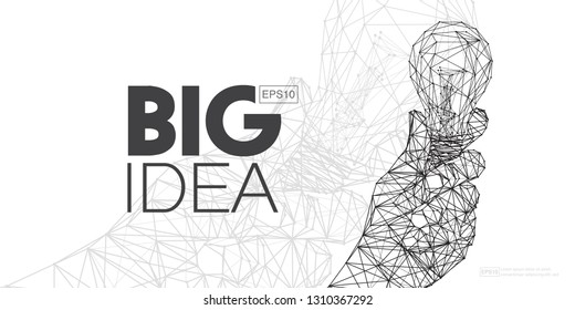 Big idea concept of a light bulbs in hand in the form of a starry sky or space, consisting of points, lines, and shapes in the form of planets.
