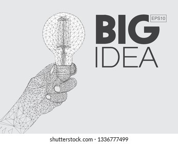 Big idea concept of a light bulbs in hand in the form of a starry sky or space, consisting of points, lines, and shapes in the form of planets