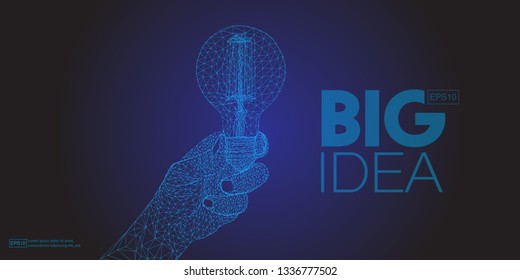Big idea concept of a light bulbs in hand in the form of a starry sky or space, consisting of points, lines, and shapes in the form of planets