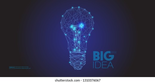 Big idea concept of Low Poly Style blue and dot Light bulb. Vector abstract Illustration with sample text.
