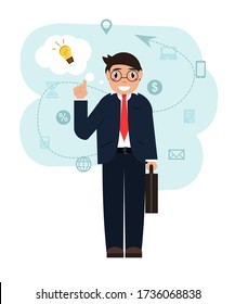 Big idea concept with man and light bulb. Vector illustration with Businessman, who holds suitcase. Icon set for business. 