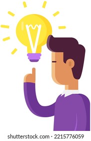 Big idea concept with man and lightbulb. Symbol of having an idea with businessman pointing at light bulb. Plan strategy and solution. Business man having creative idea for project thinking innovation