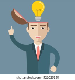 Big idea concept with man and lightbulb. Symbol of having an idea with businessman pointing at light bulb