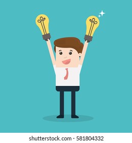 Big idea concept with man and lightbulb. Symbol of having an idea with businessman pointing at light bulb
