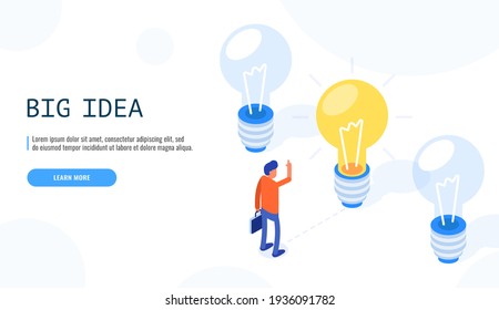 Big idea concept. Man with a raised hand stands in front glowing lamp. Can use for web banner. Isometric vector illustration.