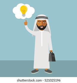 Big idea concept with Saudi Arab man and light bulb. Symbol of having an idea with Saudi Arab businessman pointing at light bulb