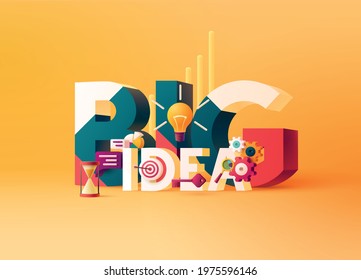 Big Idea concept. Typographic poster. 3D word lettering with colored icons on bright yellow background. Creative vector illustration.