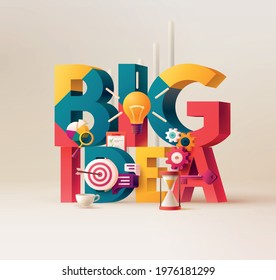 Big Idea concept. Typographic poster. 3D word lettering with colored icons on bright yellow background. Creative vector illustration.