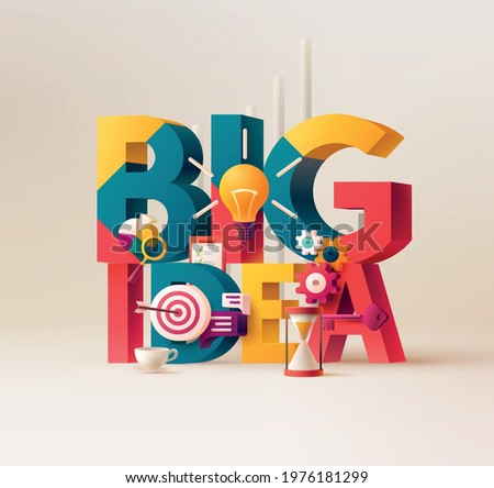 Big Idea concept. Typographic poster. 3D word lettering with colored icons on bright yellow background. Creative vector illustration.