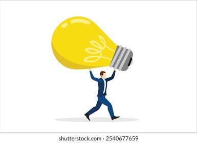 Big idea, creativity and innovation to change or invent new product, solution to solve problem, discover new idea concept, excited businessman carrying big lightbulb idea running to invent new product