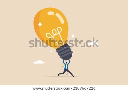Big idea, creativity and innovation to change or invent new product, solution to solve problem, discover new idea concept, excited businessman carrying big lightbulb idea running to invent new product