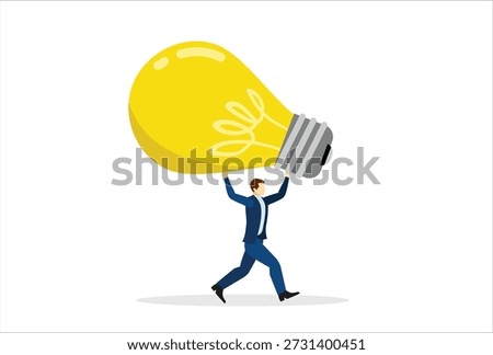 Big idea, creativity and innovation to change or invent new product, solution to solve problem, discover new idea concept, excited businessman carrying big lightbulb idea running to invent new product	
