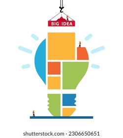 Big idea. Glowing light bulb on white background. light bulb is constructed from blocks by a crane. Concept ideas or insight. Vector illustration. 
