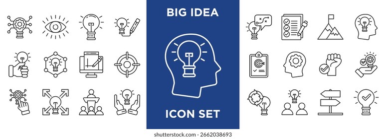 BIG IDEA Icon Collection Set. Enthaltend Innovation, Vision, Konzept, Kreativität, Strategie, Planung, Ziel, Inspiration, Lösung, Durchbruch-Symbol. Einfacher Linienvektor.