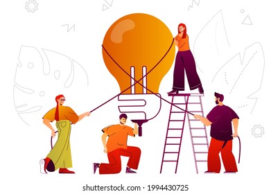 Big idea and innovations web concept. Team brainstorming, business creativity. People scene with flat line characters design for website. Vector illustration for social media promotional materials