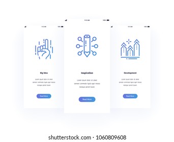 Big idea, Inspiration, Development Vertical Cards with strong metaphors. Template for website design.