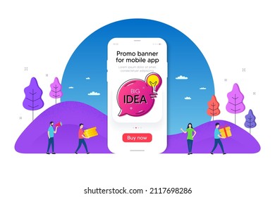Gran idea de burbuja de bombillas. Banner de la interfaz de Phone Ui. Mensaje de chat de bombilla. Icono de banner de innovación eléctrica. Banner de promoción de smartphone móvil. Gran etiqueta de idea. Hombre con caja de regalo. Vector
