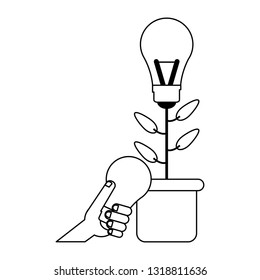 Big idea plat pot and hand with bulb light black and white