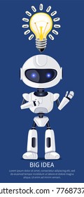Big idea, robot of white color and electric bulb with glowing light, poster with headline and text sample, vector illustration isolated on blue