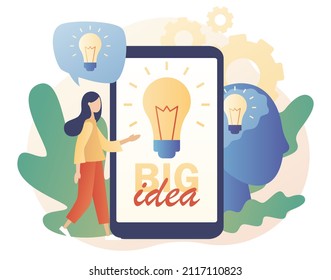 Gran idea en el smartphone. Pequeña inspiración de mujeres desarrollando nuevas ideas de negocios. Bombilla. Lámpara innovadora. Pensamiento y lluvia de ideas. Estilo moderno de dibujos animados planos. Ilustración del vector sobre fondo blanco