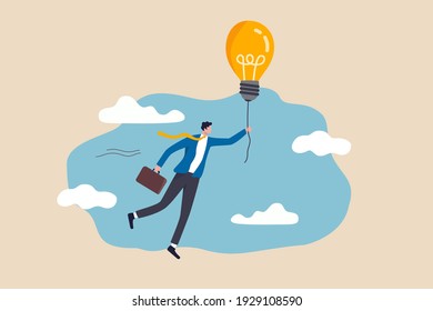Big idea to solve business problem, invention or innovation to drive business growth or work achievement concept, smart businessman manager holding light bulb floating balloon flying high in the sky.