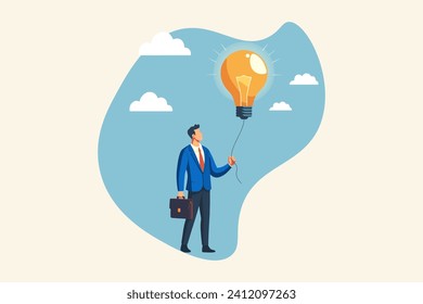 Big idea to solve business problem, invention or innovation to drive business growth or work achievement concept, smart businessman manager holding light bulb floating balloon