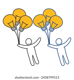 Gran idea para resolver el problema del negocio. Hombre volando en el cielo en globo de aire caliente y planificando adelante. Empresario que sostiene la bombilla de la idea como trabajador del globo .Doodle con la lámpara voladora.