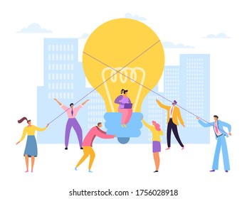 Big idea support teamwork, vector illustration. Business people man woman character design creative project together. Employees hold large lightbulb, developing innovetion business project.