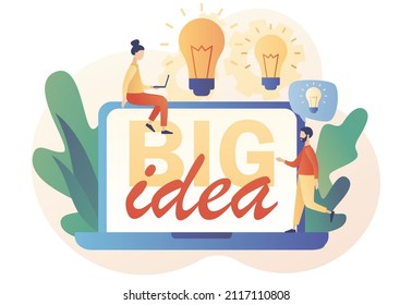 Big idea. Tiny people inspiration developing new business ideas online. Light bulb. Innovative lamp. Thinking and brainstorm. Modern flat cartoon style. Vector illustration on white background