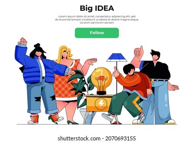 Big idea web banner concept. Team working at business together, create success strategy, generate ideas, brainstorming landing page template. Vector illustration with people scene in flat design