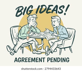 Big ideas agreement pending. Retro business vector for presentation. Two businessmen negotiating at a table. Vintage comic book line art illustration.
