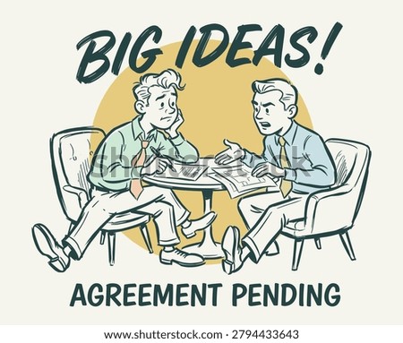 Big ideas agreement pending. Retro business vector for presentation. Two businessmen negotiating at a table. Vintage comic book line art illustration.
