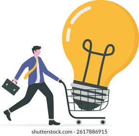 Big ideas. creativity and innovation in problem solving. Businessman uses a trolley to transport a large light bulb.

