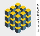 Big illusive cube constructed of many blocks. Isometric cubes for 3d designing. Mathematical object with mental trick. Optical illusion of brain. Symbol with three-dimensional effect. Imp art.