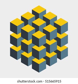 Big illusive cube constructed of many blocks. Isometric cubes for 3d designing. Mathematical object with mental trick. Optical illusion of brain. Symbol with three-dimensional effect. Imp art.