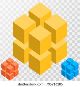 Big illusive cube constructed of many blocks. Isometric cubes for 3d designing. Mathematical object with mental trick. Optical illusion of brain. Symbol with three-dimensional effect. Imp art.