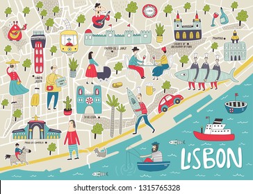 Big Illustrated Map of Lisbon with cute and fun hand drawn characters, local plants and elements. Color vector illustration.